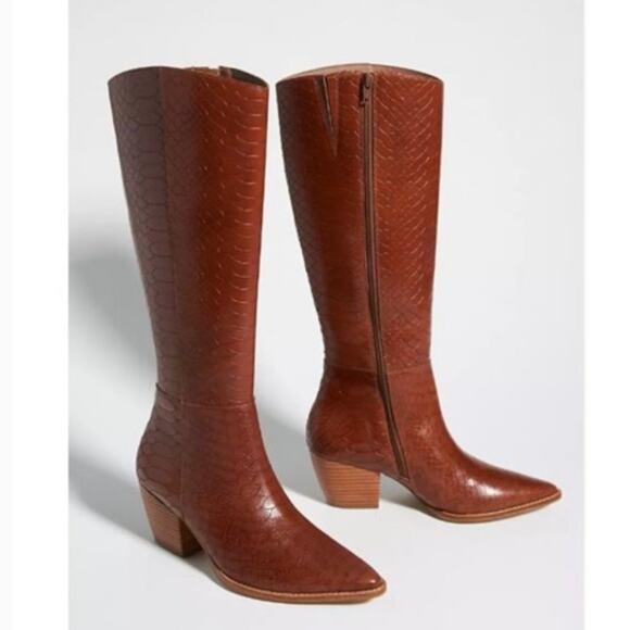 Anthro Matisse Bruna Embossed Croc Block Heel Knee High Zip Leather Boot Size 6M - Picture 11 of 11